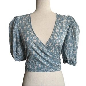 Olivaceous Floral Cropped Wrap Blouse Small V-neck Balloon Sleeves Boho Prairie